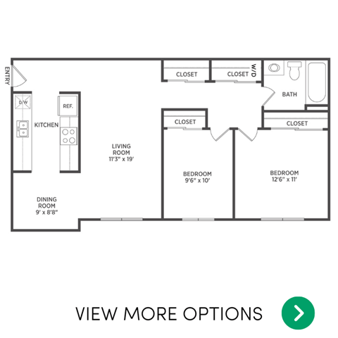 Floor plan for 2 beds, 1 bath, 960 sqft